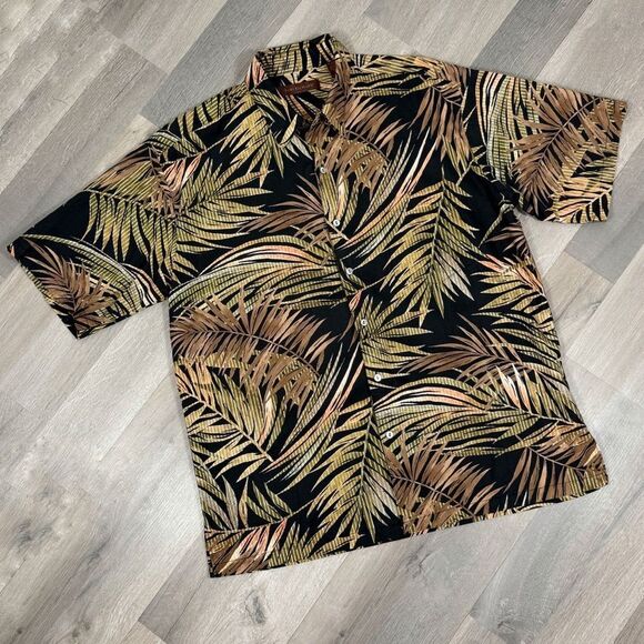 Tori Richard Tropical Palm Leaf Hawaiian Camp Shirt Black Tan Green Large - Picture 6 of 11